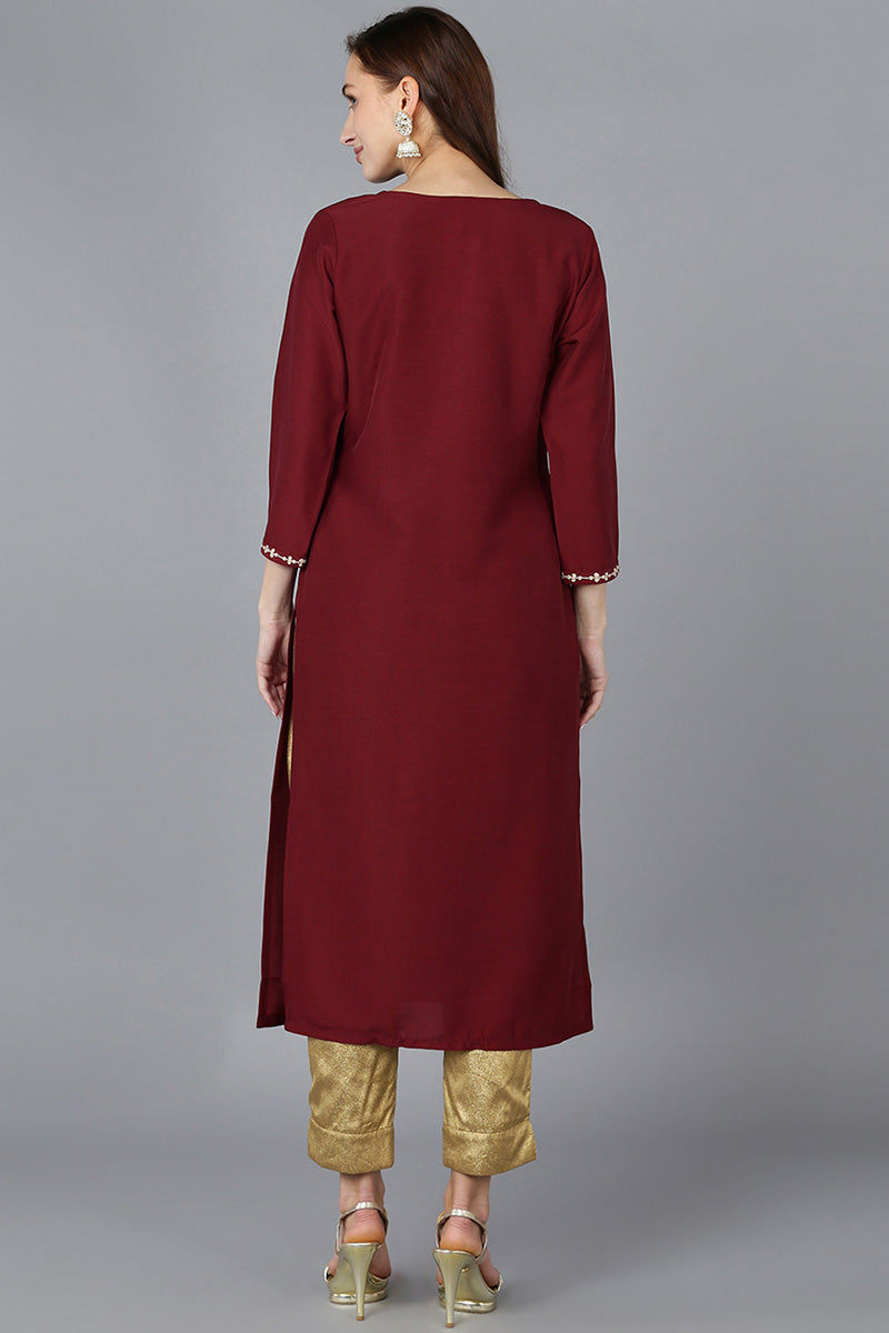 Women's Maroon Silk Blend Solid Embroidered Straight Kurta - Rasiya - Distacart