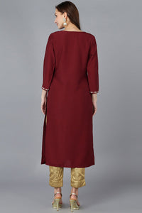 Thumbnail for Women's Maroon Silk Blend Solid Embroidered Straight Kurta - Rasiya - Distacart