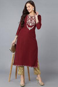 Thumbnail for Women's Maroon Silk Blend Solid Embroidered Straight Kurta - Rasiya - Distacart