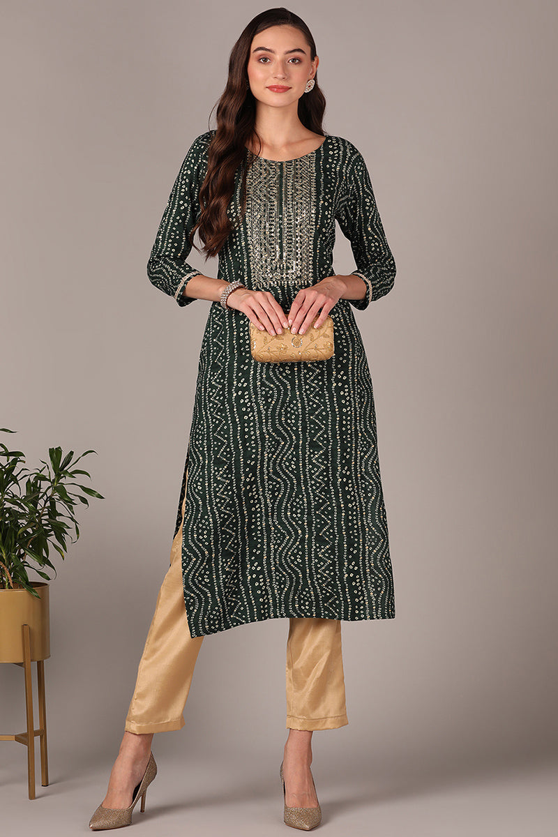 Women's Plus Size Green Viscose Rayon Bandhani Embroidered Straight Kurta - Rasiya - Distacart