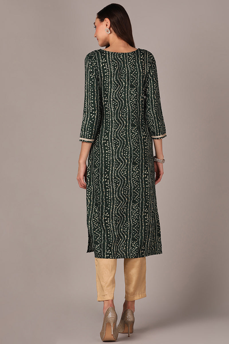 Women's Plus Size Green Viscose Rayon Bandhani Embroidered Straight Kurta - Rasiya - Distacart