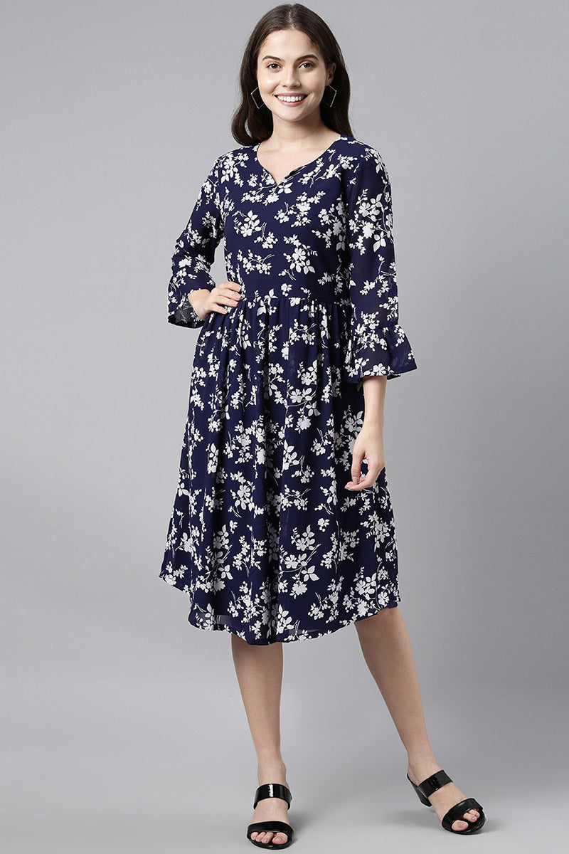 Women's Navy Blue Chiffon Floral Print Midi Dress - Rasiya - Distacart