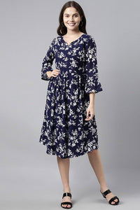 Thumbnail for Women's Navy Blue Chiffon Floral Print Midi Dress - Rasiya - Distacart