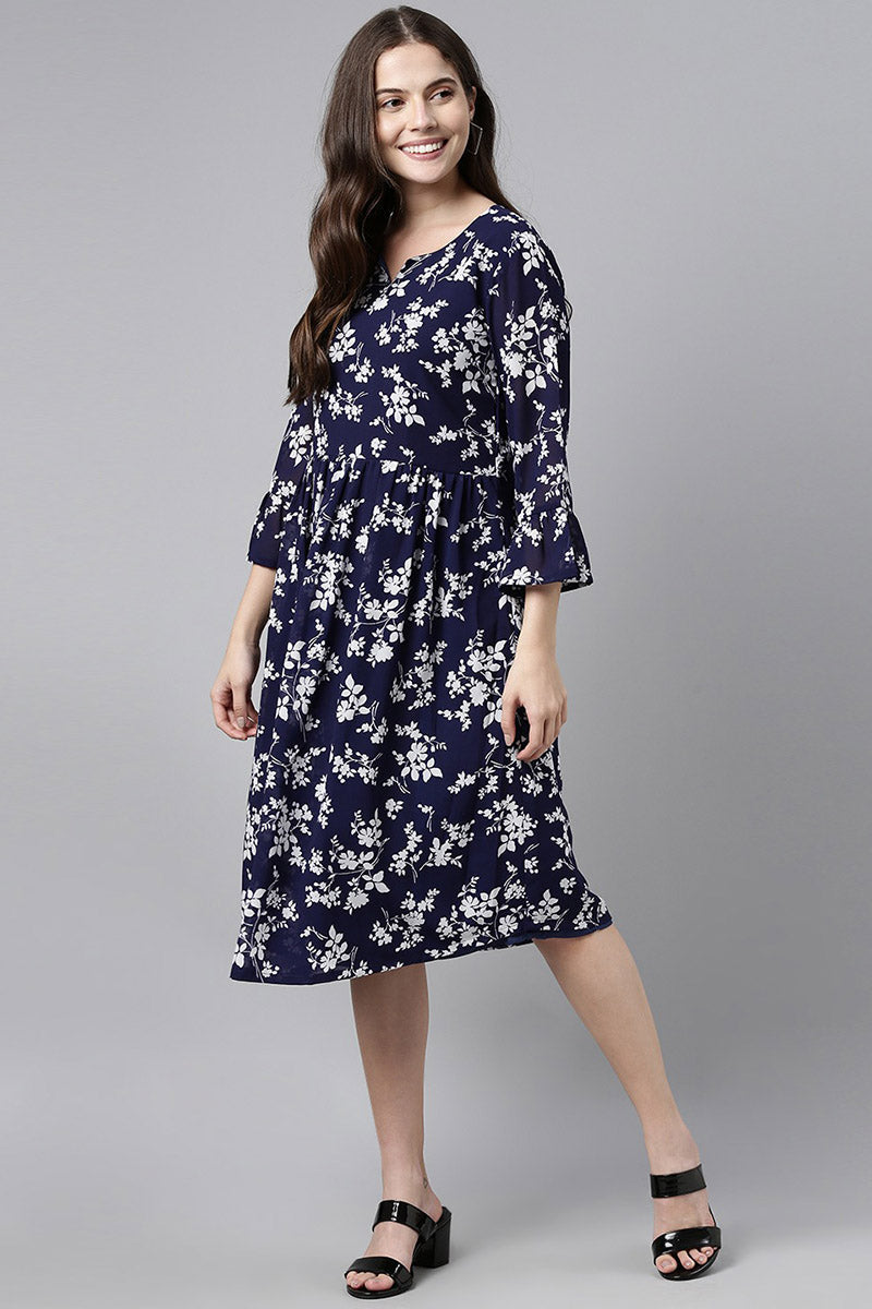 Women's Navy Blue Chiffon Floral Print Midi Dress - Rasiya - Distacart