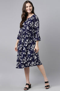 Thumbnail for Women's Navy Blue Chiffon Floral Print Midi Dress - Rasiya - Distacart