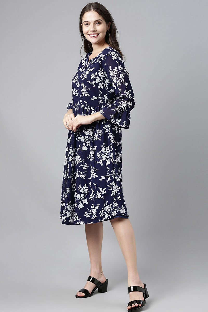 Women's Navy Blue Chiffon Floral Print Midi Dress - Rasiya - Distacart