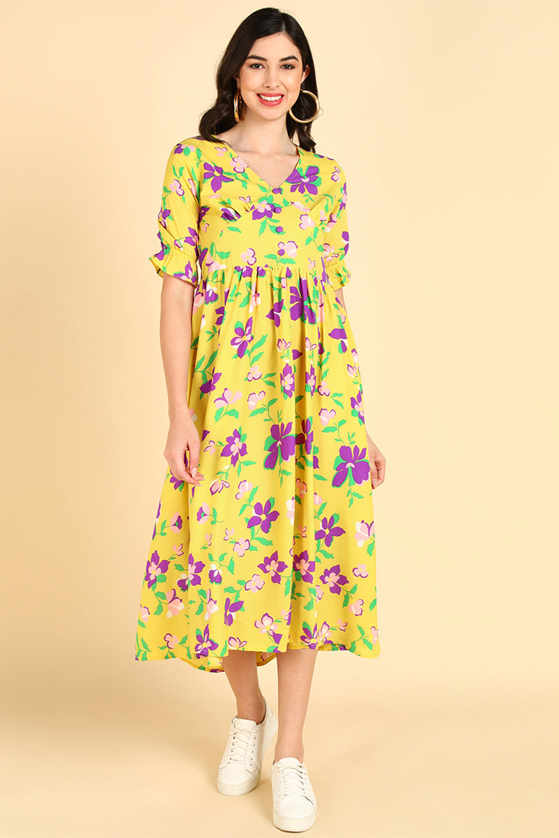 Women's Yellow Georgette Floral Printed Maxi Dress - Rasiya - Distacart