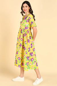 Thumbnail for Women's Yellow Georgette Floral Printed Maxi Dress - Rasiya - Distacart