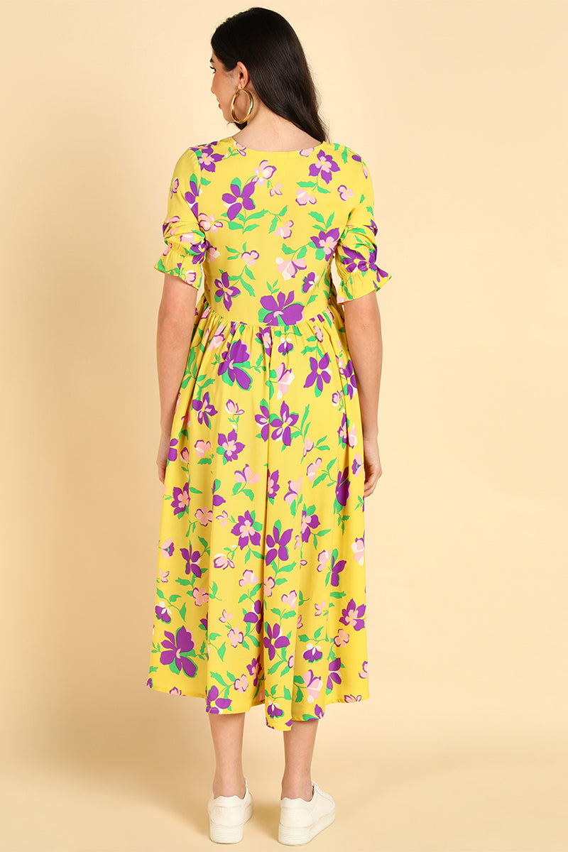 Women's Yellow Georgette Floral Printed Maxi Dress - Rasiya - Distacart