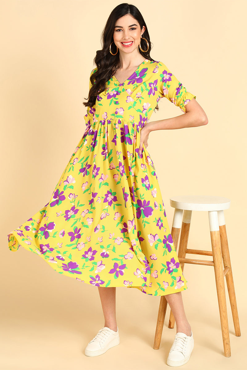 Women's Yellow Georgette Floral Printed Maxi Dress - Rasiya - Distacart