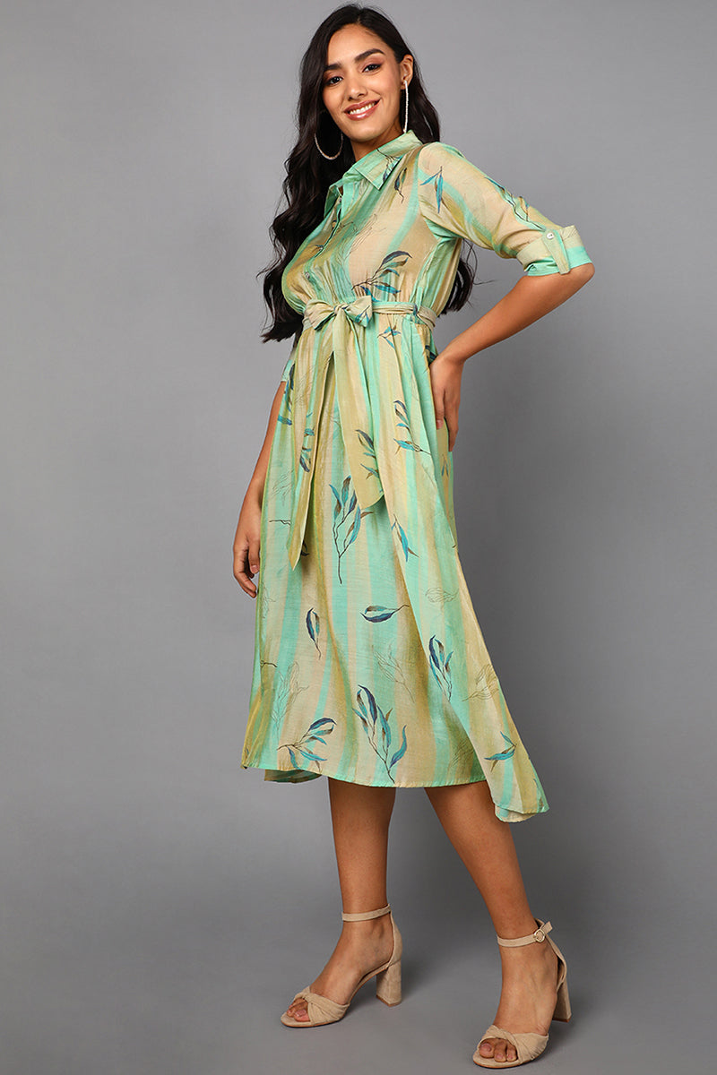 Women's Sea Green Polyester Abstract Print Midi Dress - Rasiya - Distacart