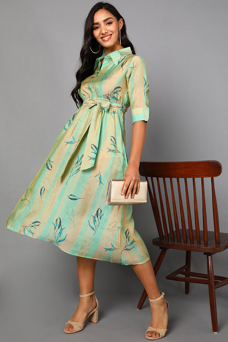 Women's Sea Green Polyester Abstract Print Midi Dress - Rasiya - Distacart