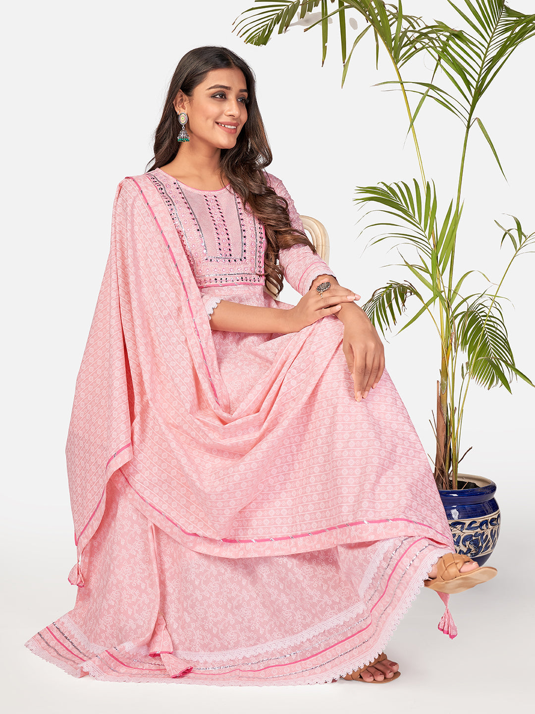 Buy NOZ2TOZ Women Baby Pink Cotton Anarkali Kurta With Pant