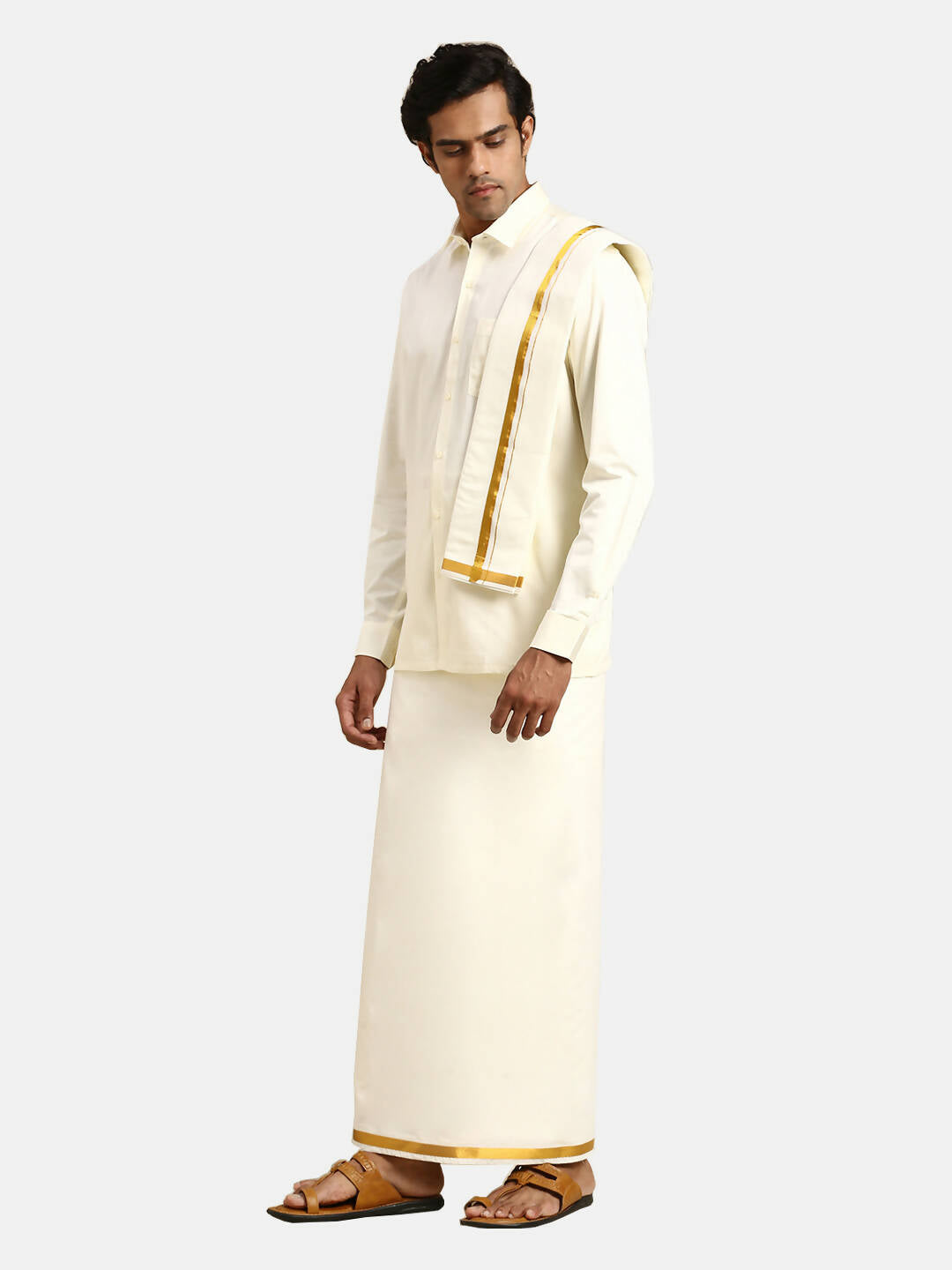 Buy Ramraj Cotton 2 In 1 Set For Mens Readymade Cream Double Layer Pocket Dhoti With 3 4 Inch Golden Jari And Towel Online at Best Price Distacart