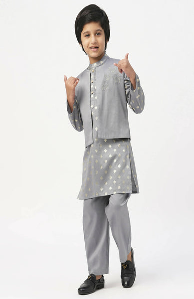 Lil Drama Mehfil Grey Kurta Pant Jacket Set For Boys - Distacart