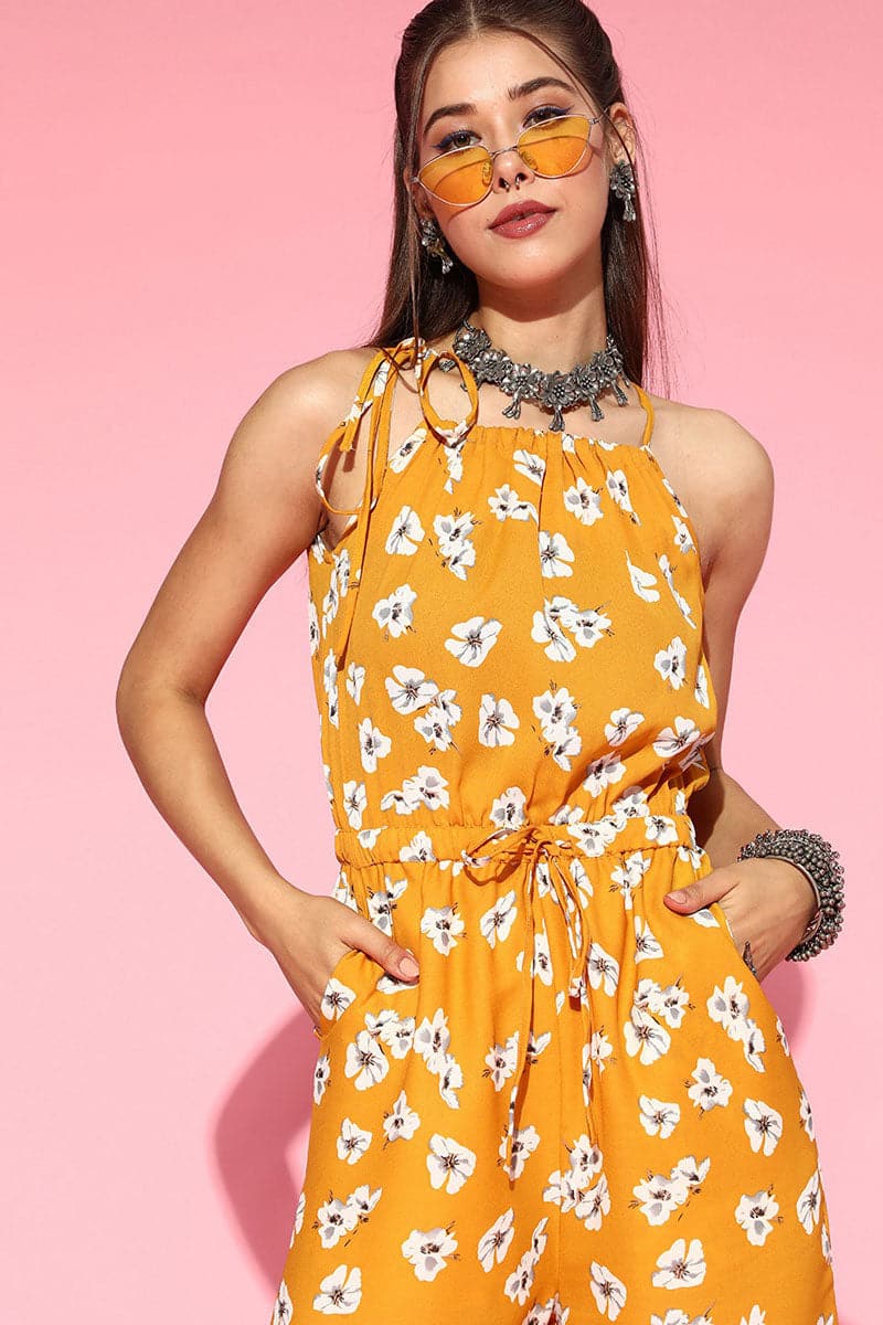 Women's Mustard Polyester Sleeveless Floral Print Jumpsuit - Rasiya