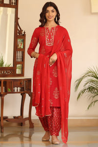 Thumbnail for Women's Cotton Red Embroidered Work Straight Kurta Pant Dupatta Set - Rasiya - Distacart