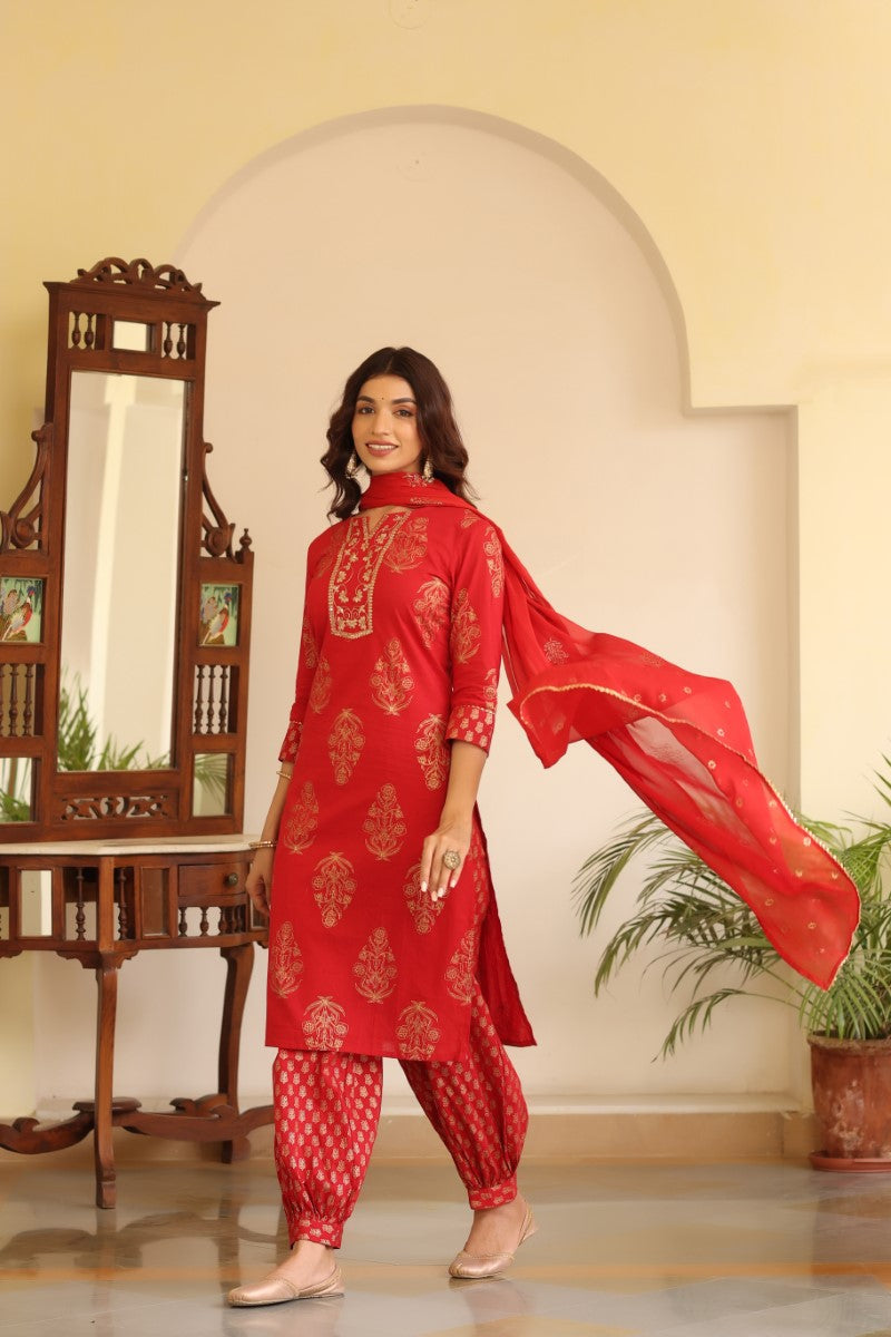 Women's Cotton Red Embroidered Work Straight Kurta Pant Dupatta Set - Rasiya - Distacart