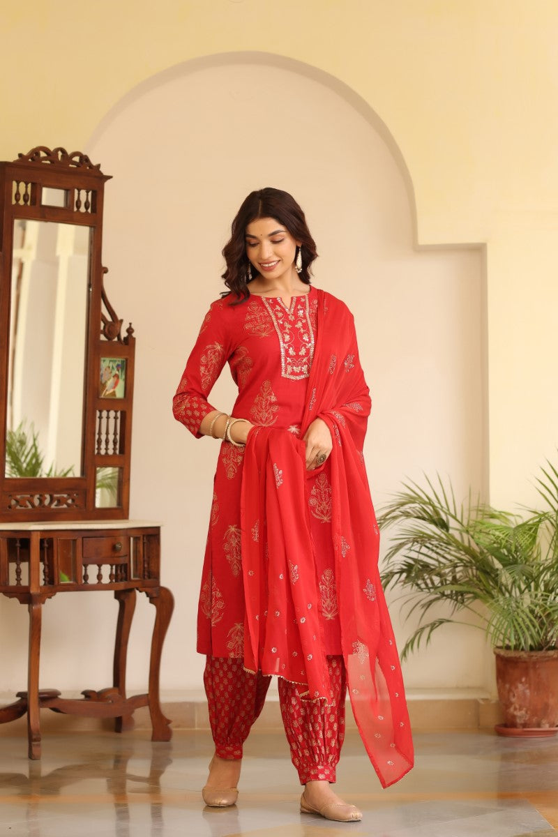 Women's Cotton Red Embroidered Work Straight Kurta Pant Dupatta Set - Rasiya - Distacart