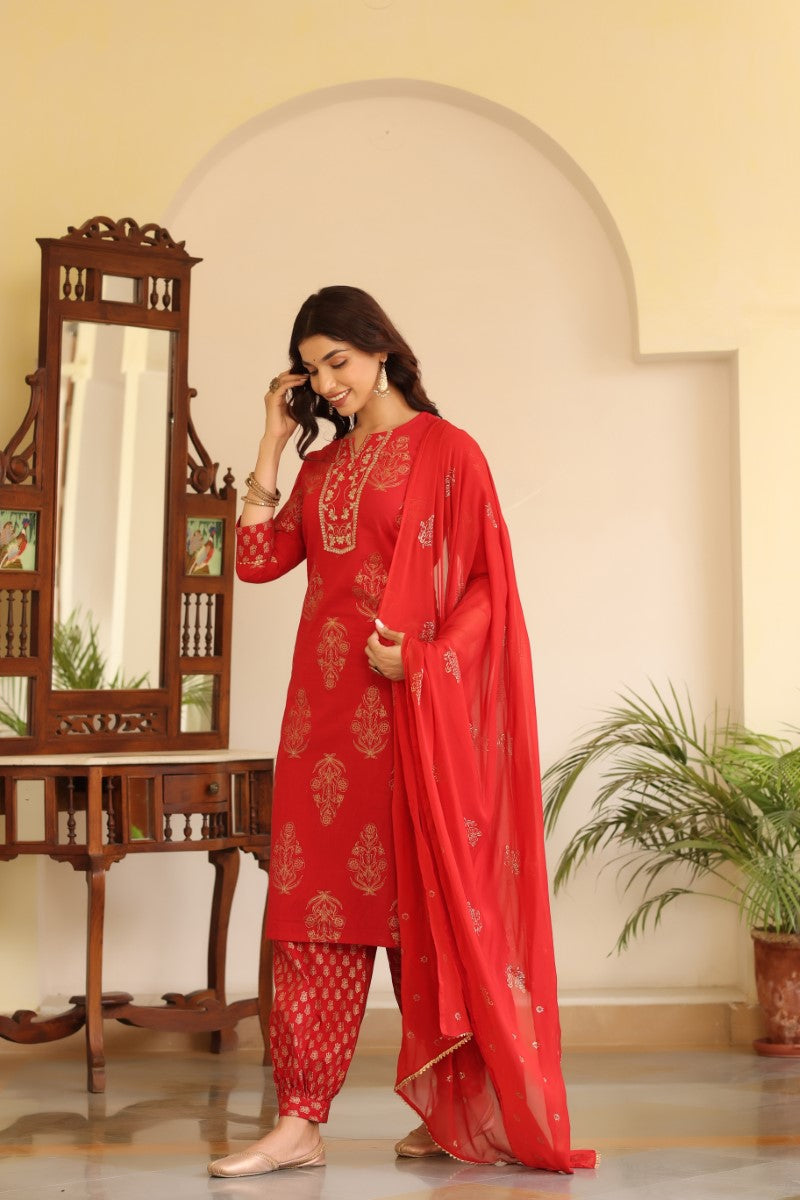 Women's Cotton Red Embroidered Work Straight Kurta Pant Dupatta Set - Rasiya - Distacart