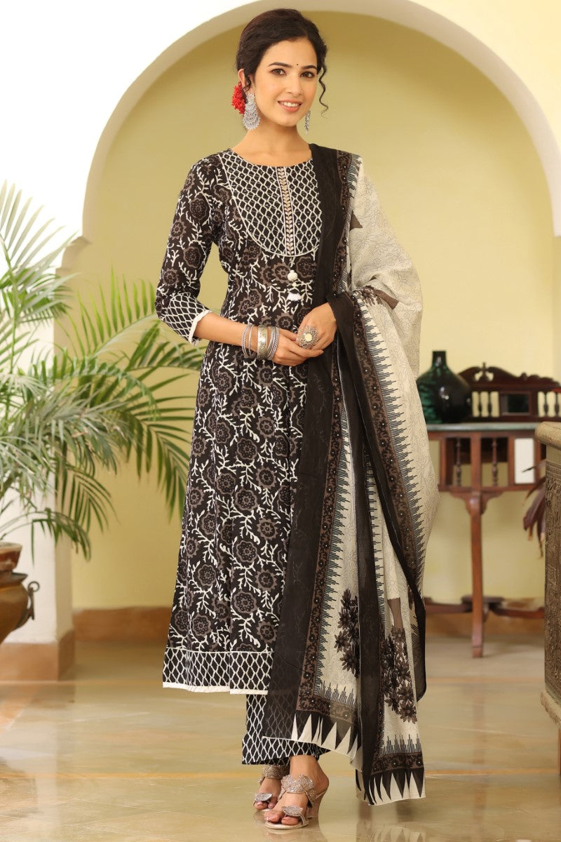 Women's Black White Sequinned Kurta with Trousers and Dupatta - Rasiya - Distacart