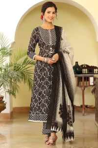 Thumbnail for Women's Black White Sequinned Kurta with Trousers and Dupatta - Rasiya - Distacart