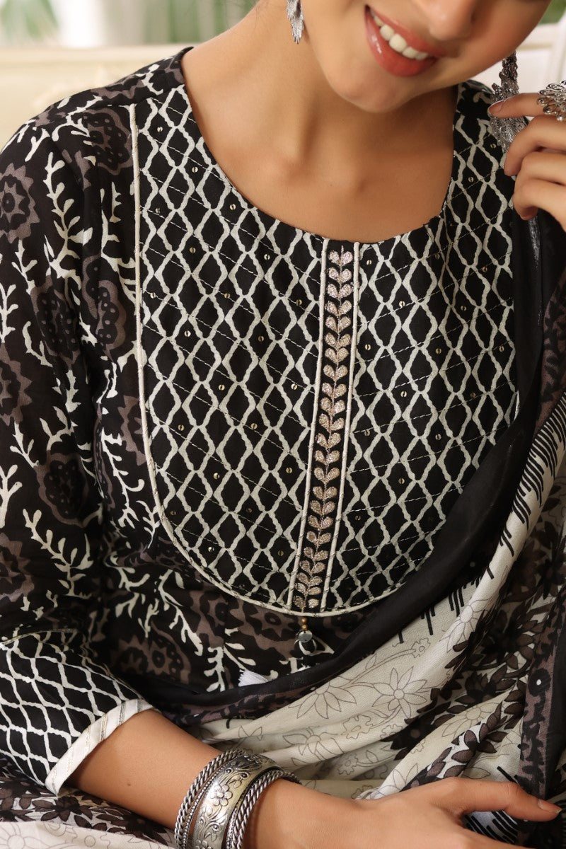 Women's Black White Sequinned Kurta with Trousers and Dupatta - Rasiya - Distacart