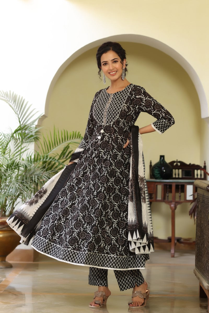 Women's Black White Sequinned Kurta with Trousers and Dupatta - Rasiya - Distacart