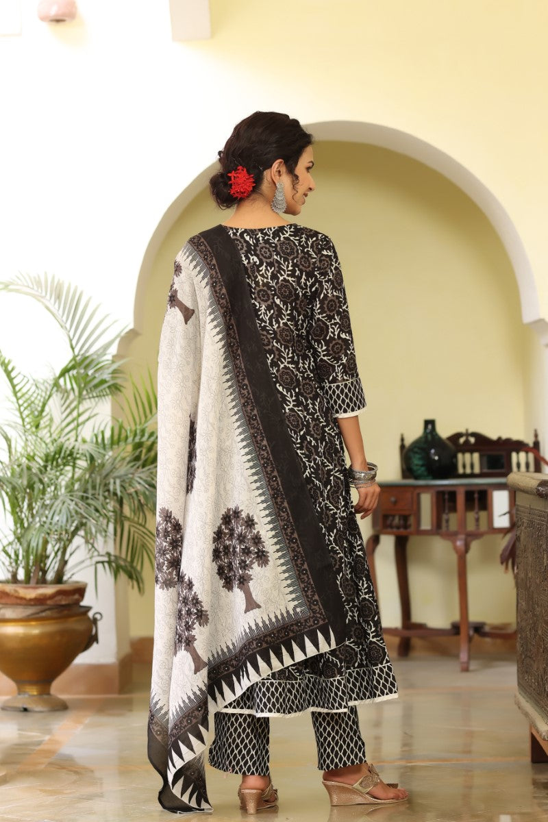 Women's Black White Sequinned Kurta with Trousers and Dupatta - Rasiya - Distacart