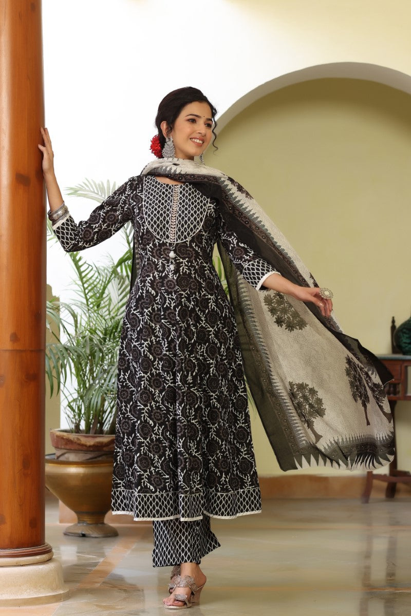 Women's Black White Sequinned Kurta with Trousers and Dupatta - Rasiya - Distacart