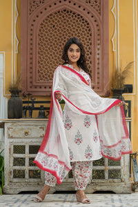 Thumbnail for Women's Off White Printed Cotton Kurta, Salwar, and Dupatta - Rasiya - Distacart