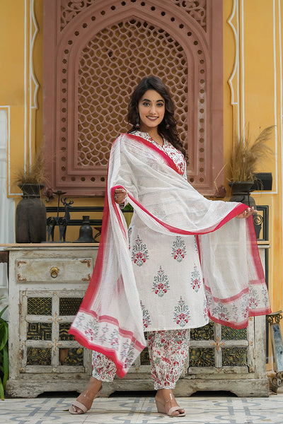 Women's Off White Printed Cotton Kurta, Salwar, and Dupatta - Rasiya - Distacart