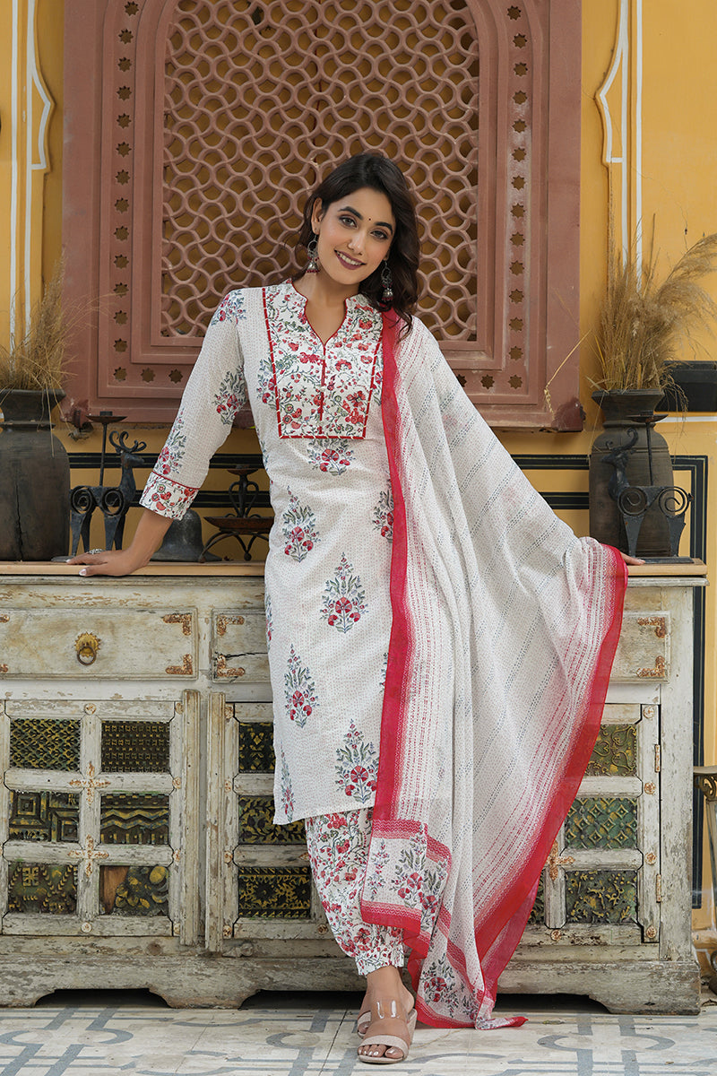 Women's Off White Printed Cotton Kurta, Salwar, and Dupatta - Rasiya - Distacart