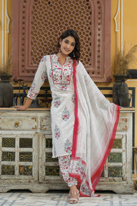 Thumbnail for Women's Off White Printed Cotton Kurta, Salwar, and Dupatta - Rasiya - Distacart