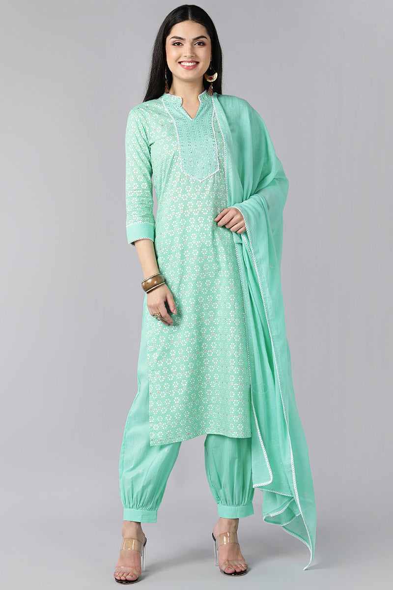 Women's Sea Green Pure Cotton Straight Kurta Pant With Dupatta - Rasiya - Distacart