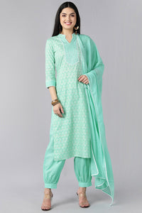 Thumbnail for Women's Sea Green Pure Cotton Straight Kurta Pant With Dupatta - Rasiya - Distacart