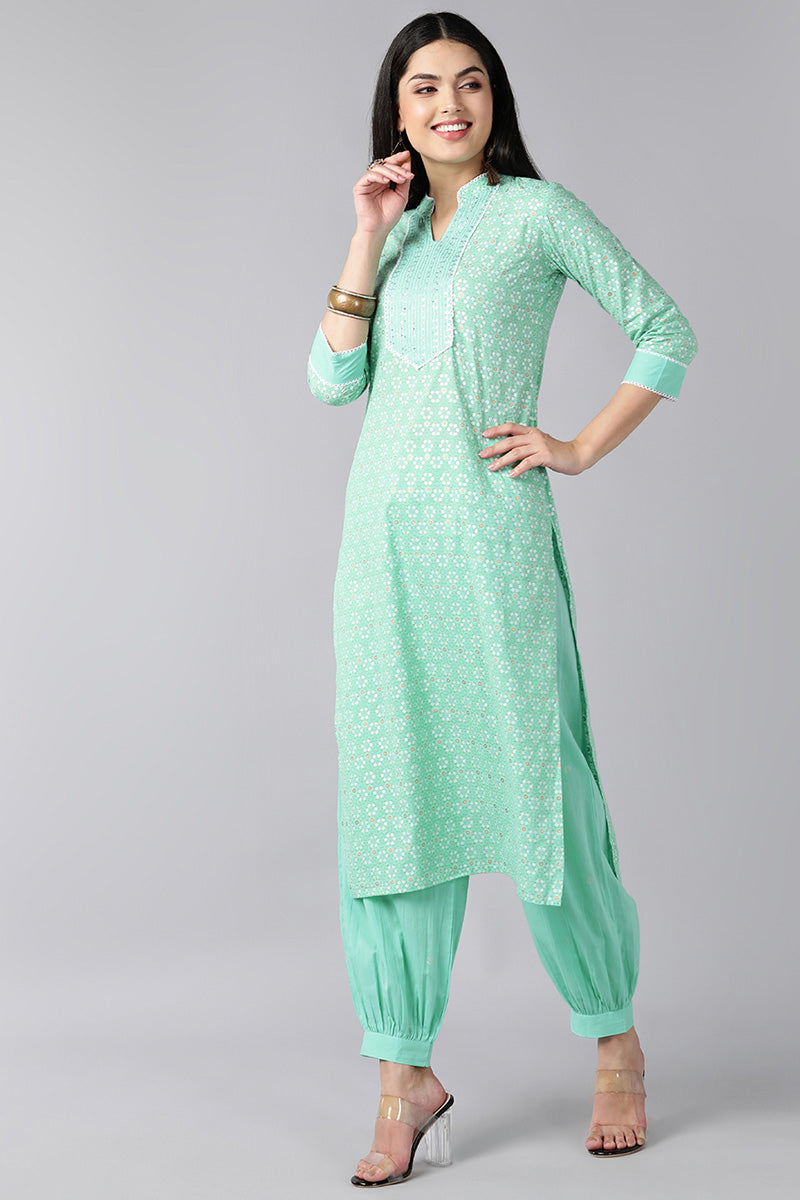 Women's Sea Green Pure Cotton Straight Kurta Pant With Dupatta - Rasiya - Distacart