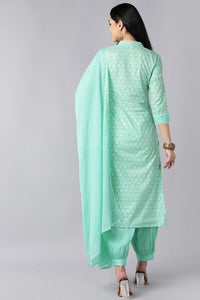 Thumbnail for Women's Sea Green Pure Cotton Straight Kurta Pant With Dupatta - Rasiya - Distacart