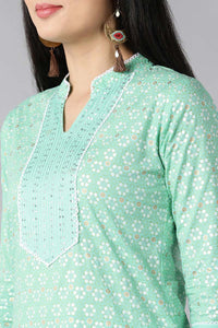 Thumbnail for Women's Sea Green Pure Cotton Straight Kurta Pant With Dupatta - Rasiya - Distacart