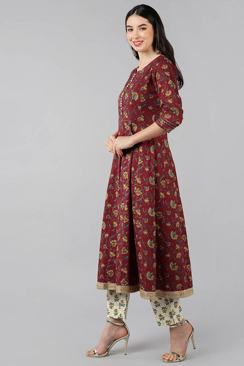 Women's Maroon Pure Cotton Flared Kurta Pant With Dupatta - Rasiya - Distacart