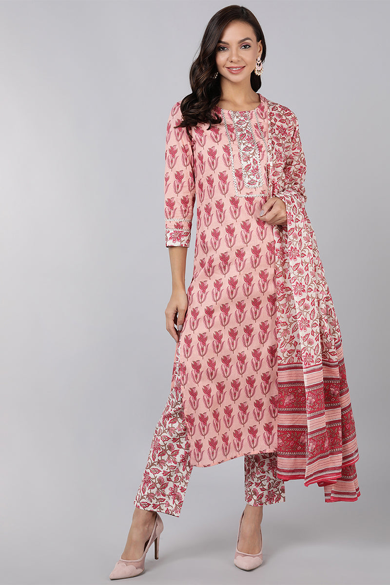 Women's Pink Printed Kurta Trousers With Dupatta - Rasiya - Distacart