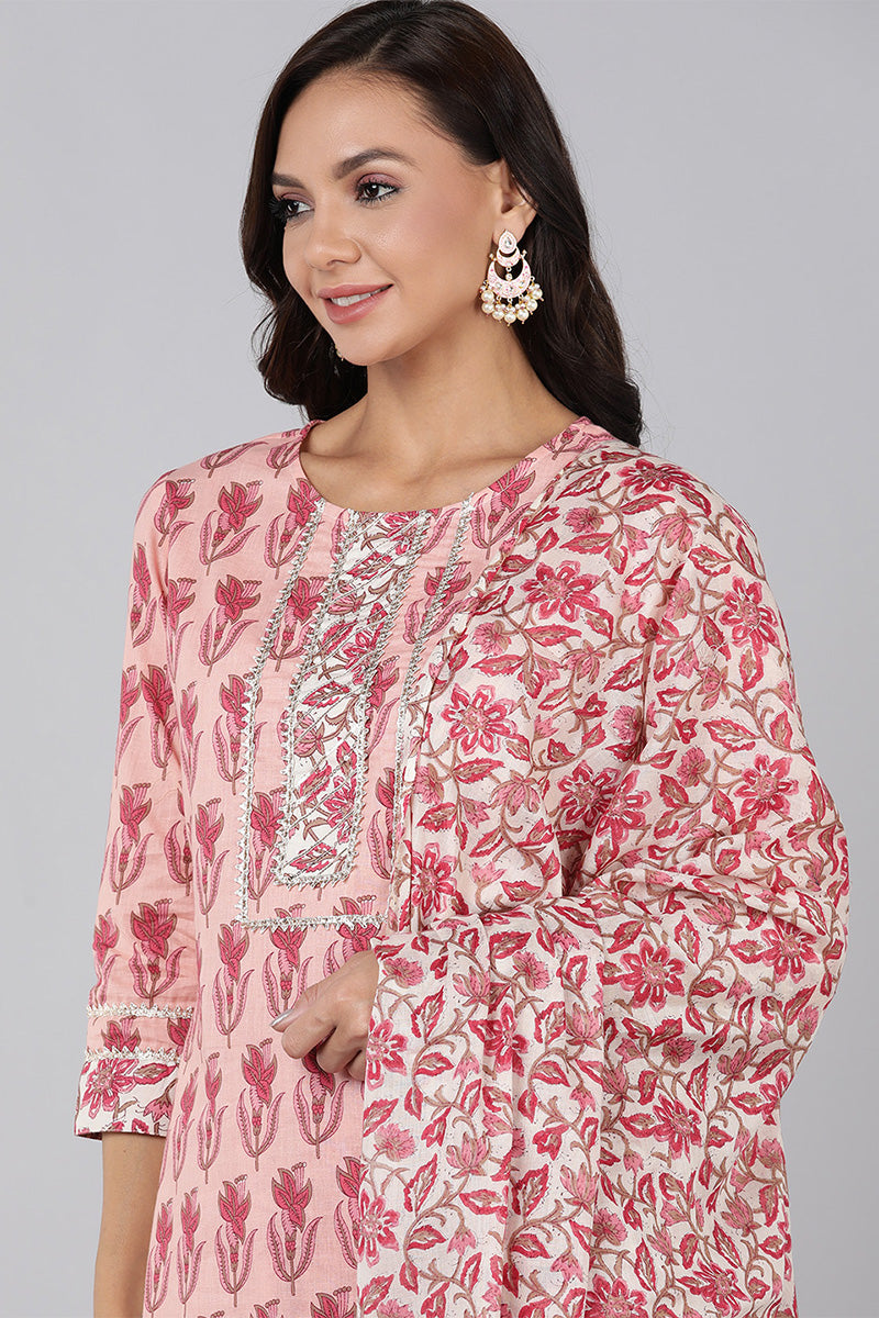 Women's Pink Printed Kurta Trousers With Dupatta - Rasiya - Distacart