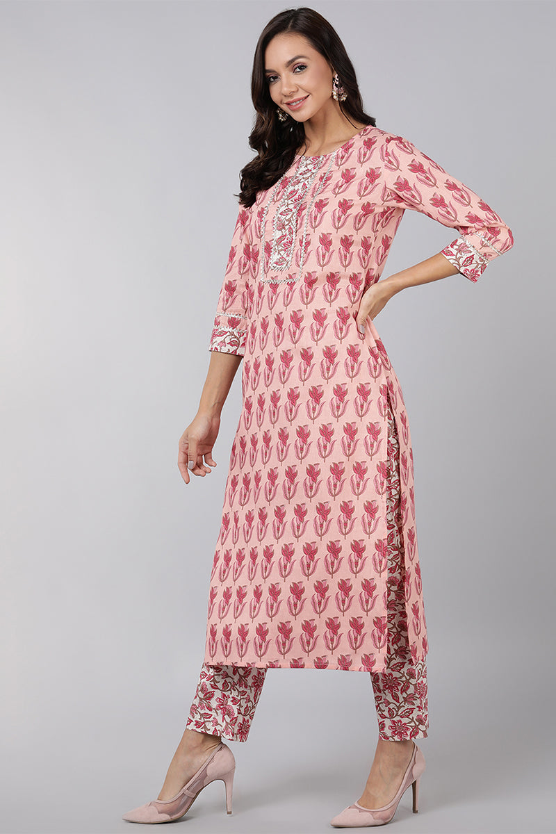 Women's Pink Printed Kurta Trousers With Dupatta - Rasiya - Distacart