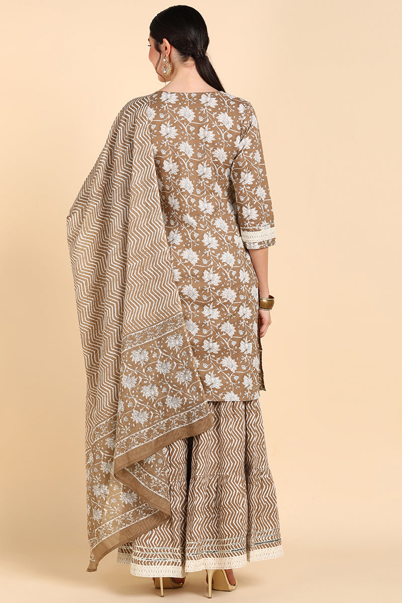 Women's Brown Pure Cotton Straight Sharara Suit Set - Rasiya - Distacart