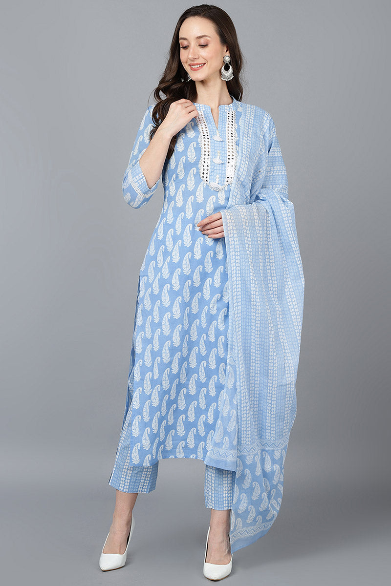 Women's Blue Cotton Straight Kurta Pant With Dupatta - Rasiya - Distacart