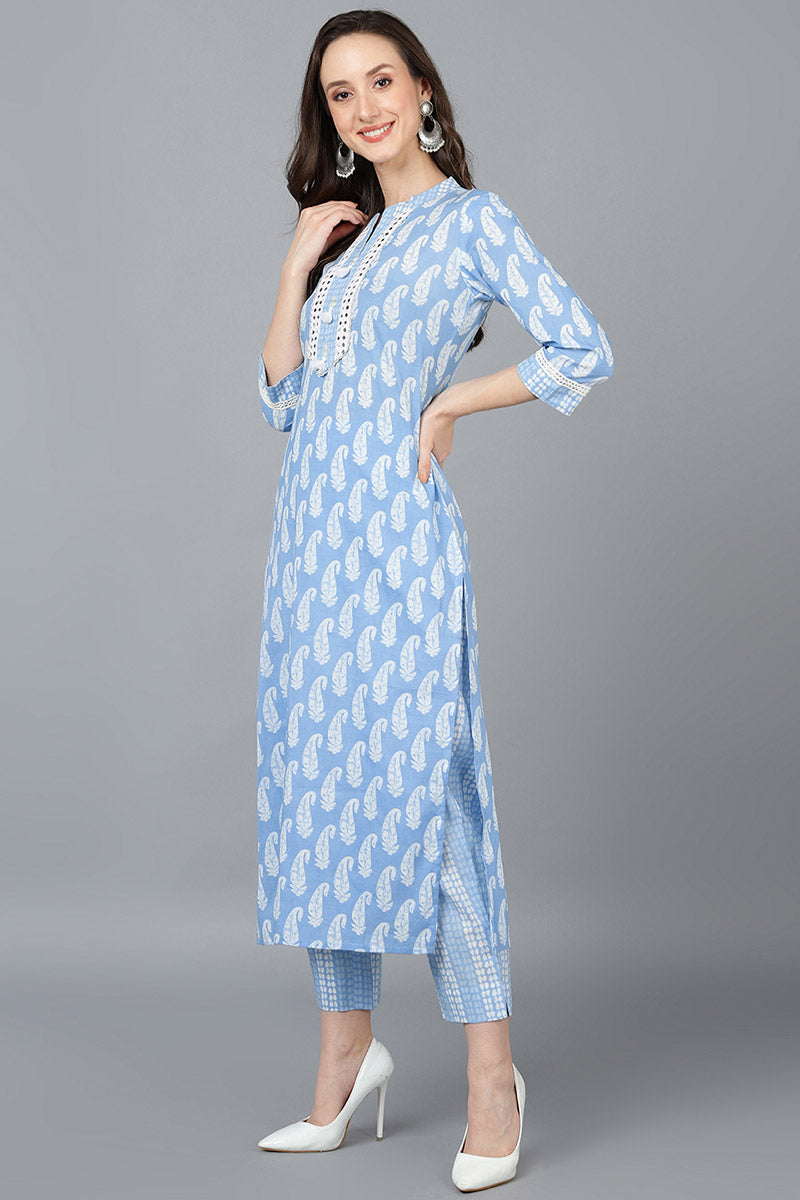 Women's Blue Cotton Straight Kurta Pant With Dupatta - Rasiya - Distacart