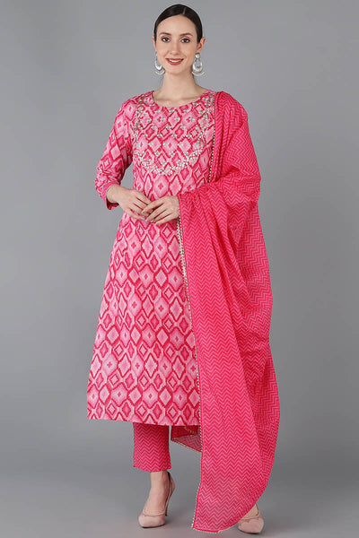 Women's Pink Pure Cotton Gotta Patti Straight Suit Set - Rasiya - Distacart