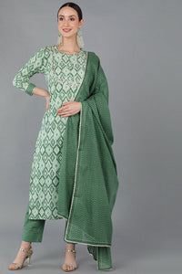 Thumbnail for Women's Green Pure Cotton Gotta Patti Straight Suit Set - Rasiya - Distacart