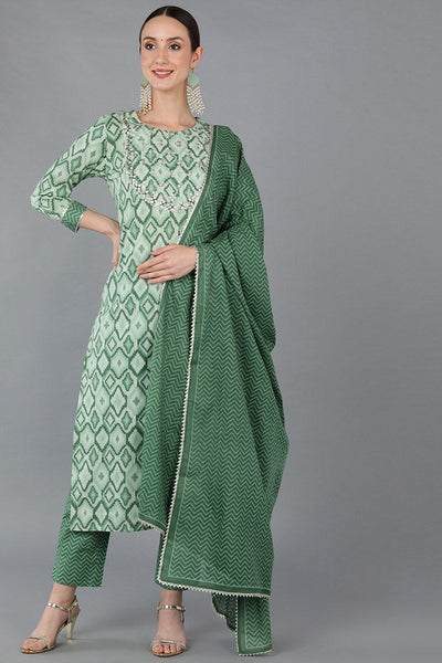 Women's Green Pure Cotton Gotta Patti Straight Suit Set - Rasiya - Distacart