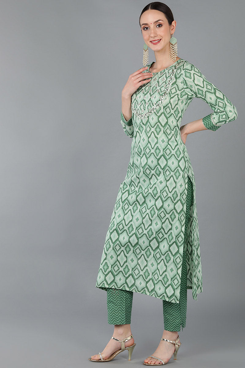 Women's Green Pure Cotton Gotta Patti Straight Suit Set - Rasiya - Distacart